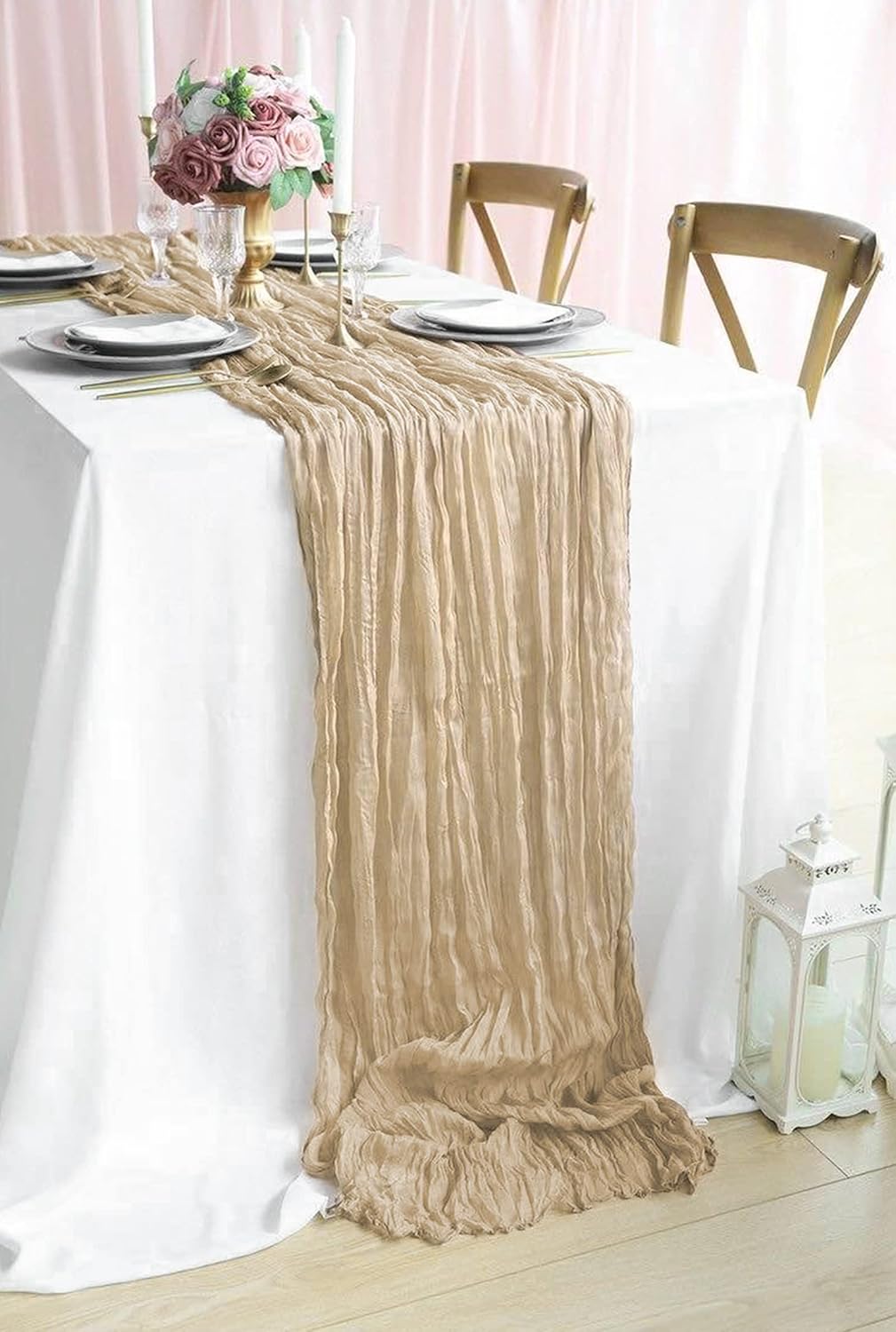 Boho běhoun z gázoviny na slavnostní stůl nebo slavobránu 90 x 300cm, béžový
