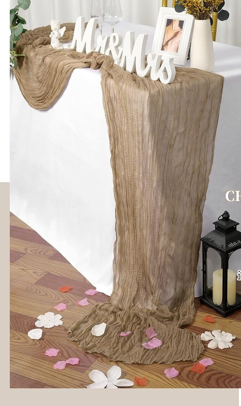 Boho běhoun z gázoviny na slavnostní stůl nebo slavobránu 90 x 300cm sv. hnědé barvy