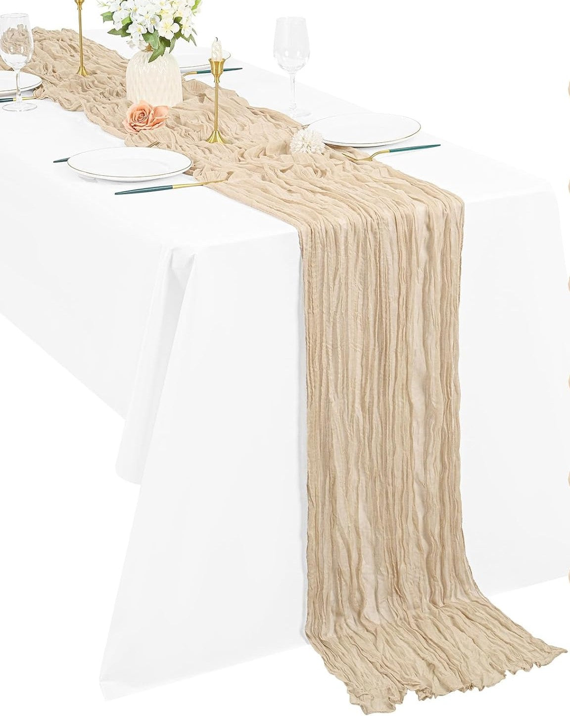 Boho běhoun z gázoviny na slavnostní stůl nebo slavobránu 90 x 300cm, béžový