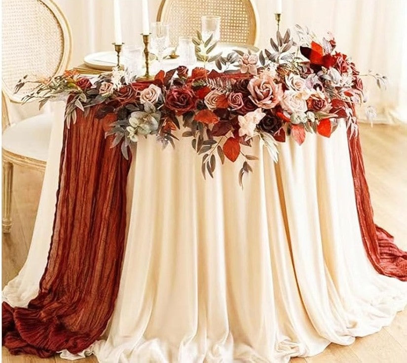Boho běhoun z gázoviny na slavnostní stůl nebo slavobránu 90 x 300cm Bordó
