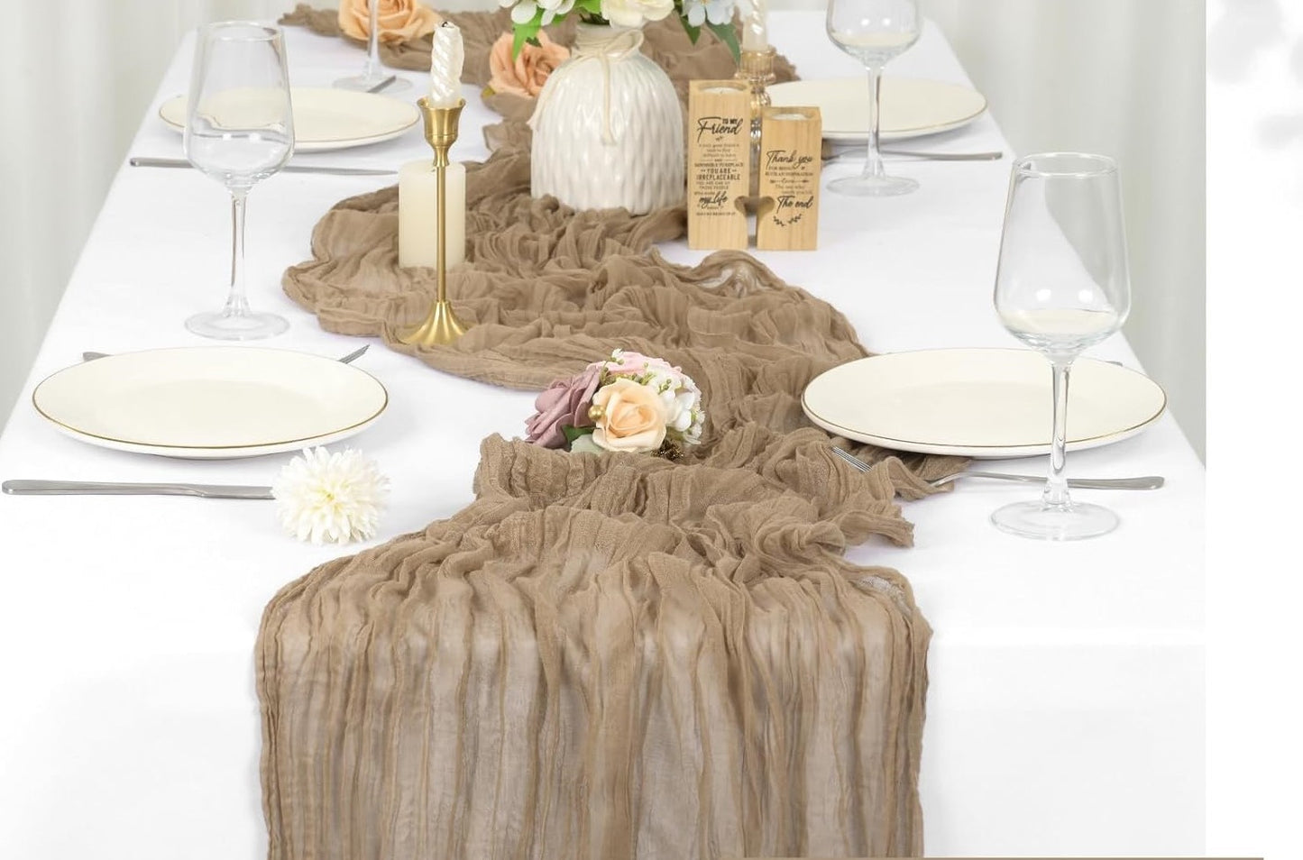 Boho běhoun z gázoviny na slavnostní stůl nebo slavobránu 90 x 300cm sv. hnědé barvy