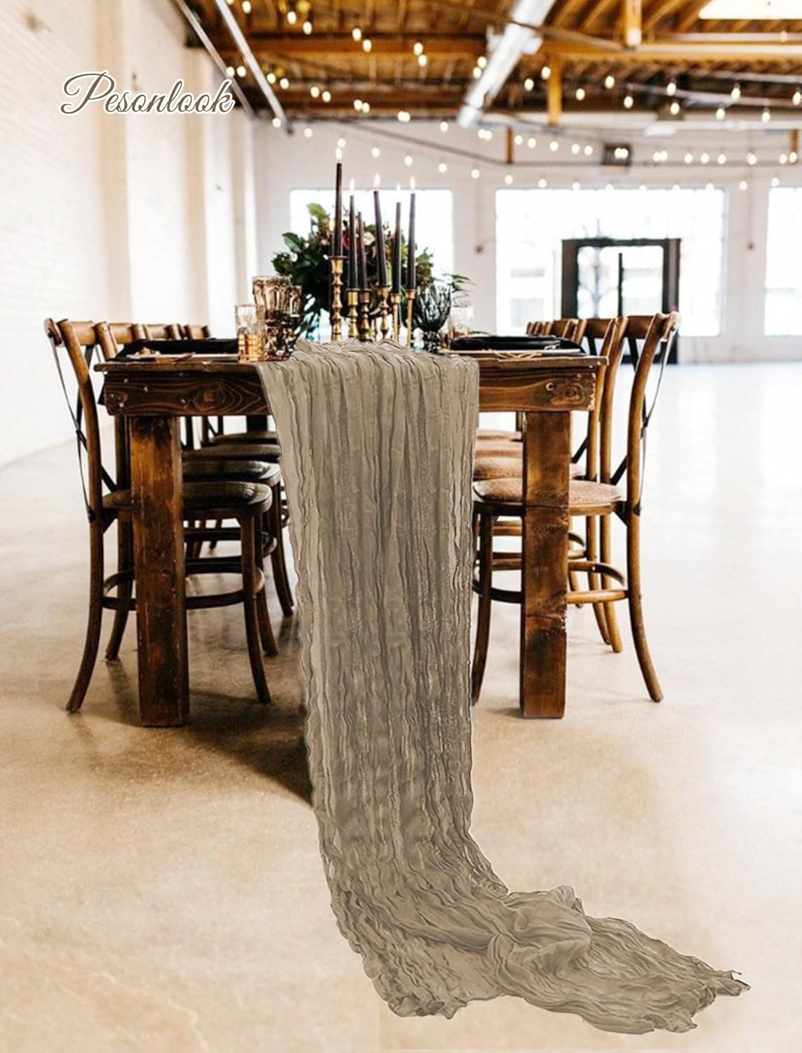 Boho běhoun z gázoviny na slavnostní stůl nebo slavobránu 90 x 300cm sv. hnědé barvy