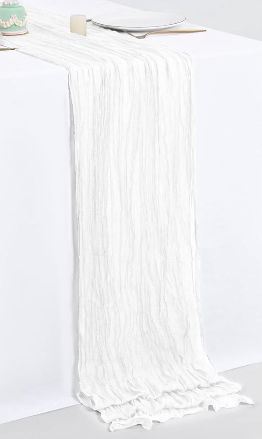 Boho běhoun z gázoviny na slavnostní stůl nebo slavobránu 90 x 300cm bílé barvy.